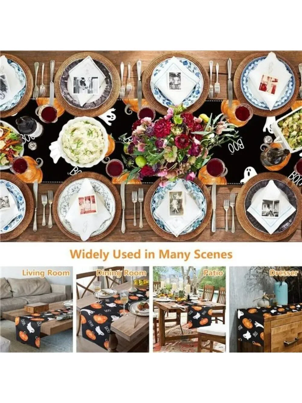 Halloween table runner ghost pumpkin black holiday party dining room decor 72 in